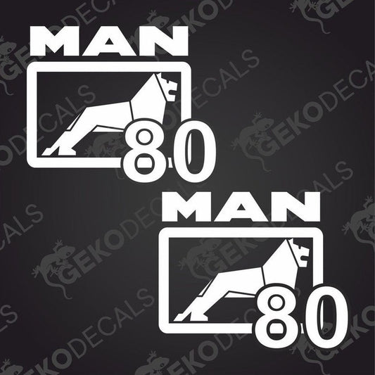 Two white vehicle decals with the text 'MAN' and '80' on a black background, with a graphic of a dog's head above the text.