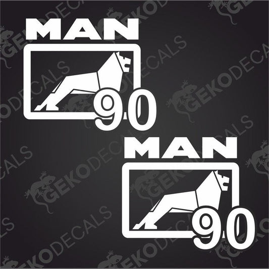 Two white vehicle decals with 'MAN' and '90' text and a graphic of a dog. The decals are on a black background with a watermark of 'geckodecals'.