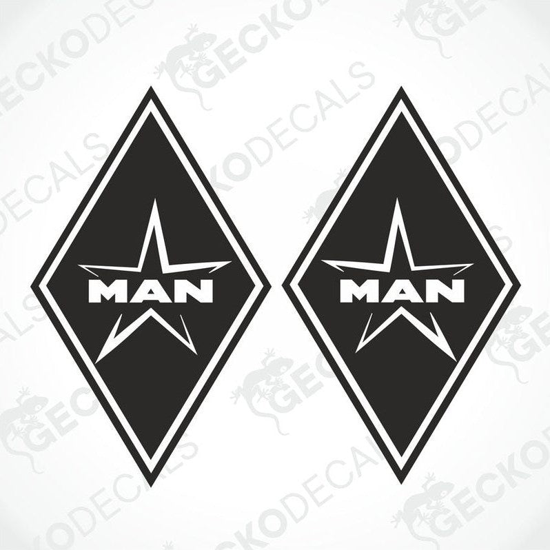 Two black decals, one with the MAN logo and a diamond shape, and the other with a star shape, both on a white background with a 'GECKODECALS' text overlay.