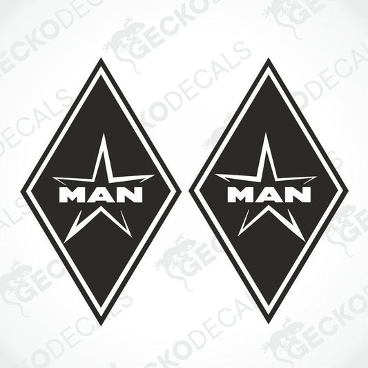 Two black decals, one with the MAN logo and a diamond shape, and the other with a star shape, both on a white background with a 'GECKODECALS' text overlay.
