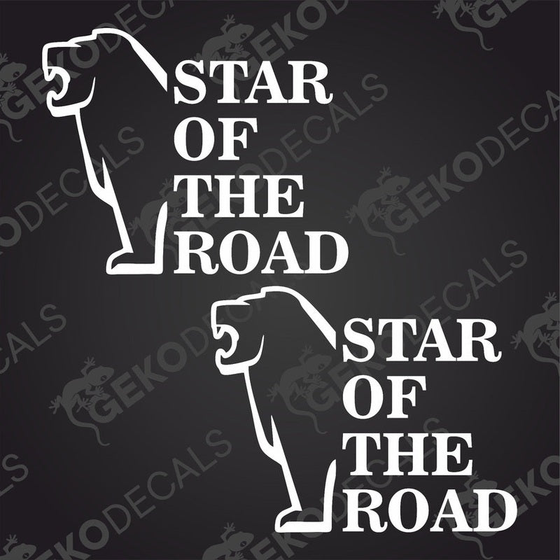 Two black decals with the text 'MAN STAR OF THE ROAD' and a graphic of a lion's head on each decal.