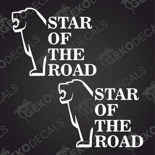 Two black decals with the text 'MAN STAR OF THE ROAD' and a graphic of a lion's head on each decal.