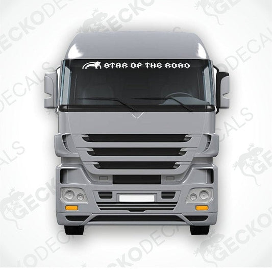 A die cut decal with the text 'STAR OF THE ROAD' displayed on the windshield of a gray truck.
