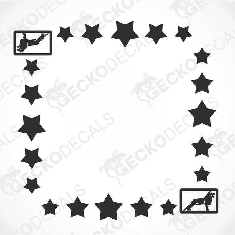 A set of two black side window decals for a truck, with a geometric and tribal pattern design, including the letters 'MAN'.