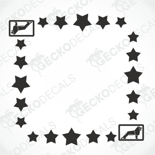 A set of two black side window decals for a truck, with a geometric and tribal pattern design, including the letters 'MAN'.