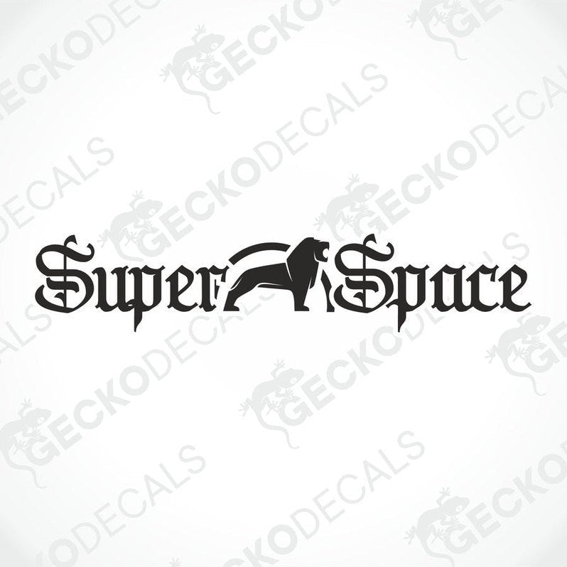 A die cut decal with the text 'Super Space' displayed on the front of a gray truck windscreen.