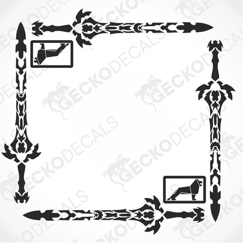 A set of two black side window decals for a truck, with a geometric and tribal pattern design, including the letters 'MAN'.