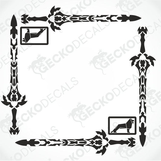 A set of two black side window decals for a truck, with a geometric and tribal pattern design, including the letters 'MAN'.