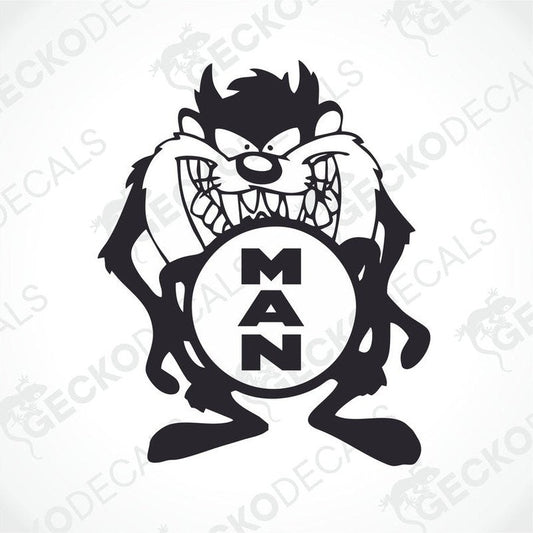 A die cut decal featuring an animated character with the letters 'MAN' in the center.