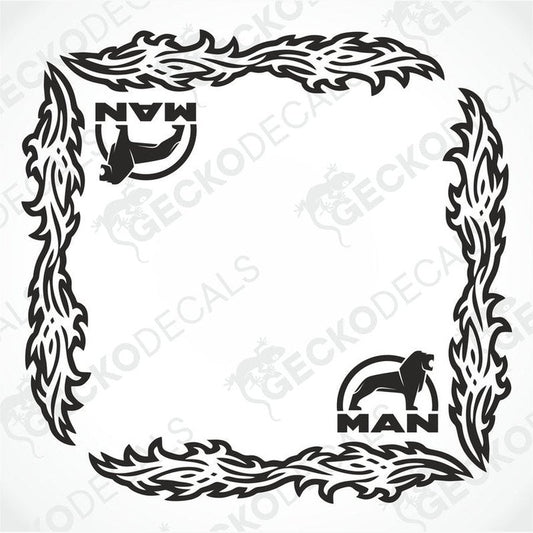 A pair of black and white tribal patterned vehicle side window decals with the text 'MAN' included in the design.