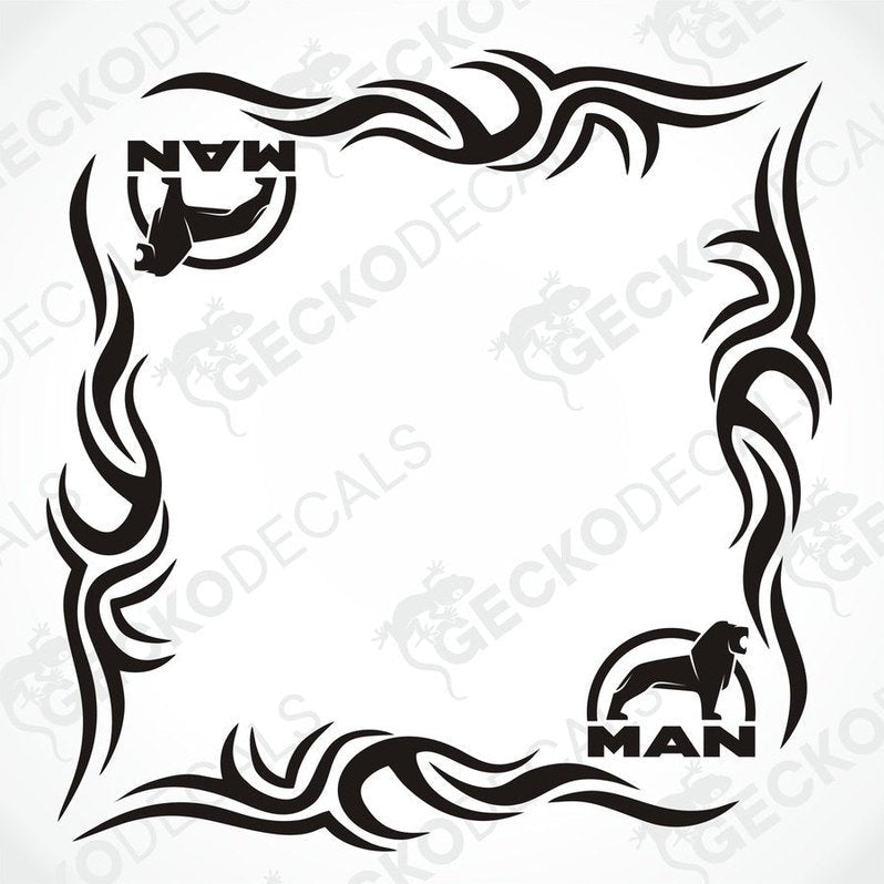 A set of tribal style side window decals for a truck, featuring black and white designs with the word 'MAN' prominently displayed.