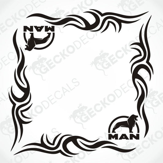 A set of tribal style side window decals for a truck, featuring black and white designs with the word 'MAN' prominently displayed.