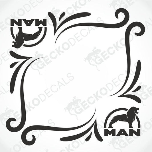 MAN tribal side window decal set with fish and lion logos on transfer paper
