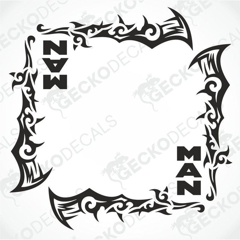 A set of two black tribal design decals for vehicle side windows, with the brand 'MAN' included.
