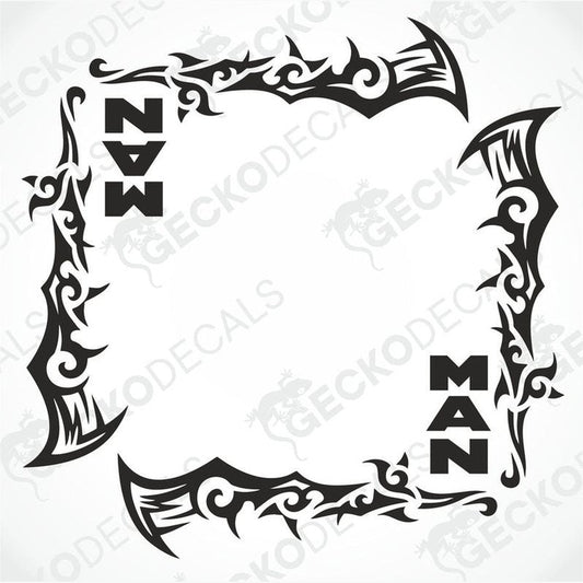 A set of two black tribal design decals for vehicle side windows, with the brand 'MAN' included.