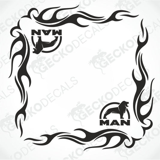 A set of two black tribal patterned decals for vehicle side windows, featuring the word 'MAN' and flame designs.