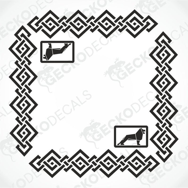 A set of two black side window decals for a truck, with a geometric and tribal pattern design, including the letters 'MAN'.