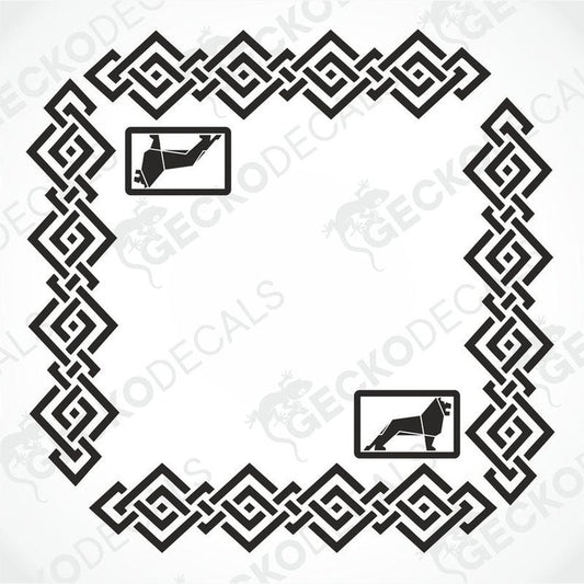 A set of two black side window decals for a truck, with a geometric and tribal pattern design, including the letters 'MAN'.