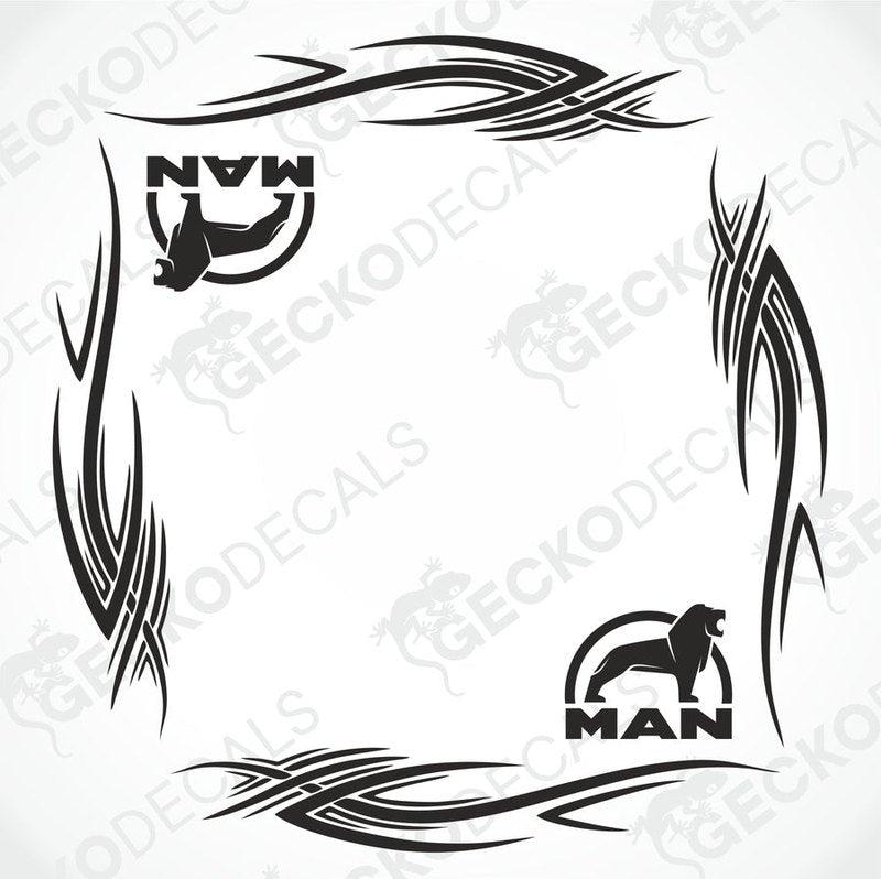 A set of two black side window decals for a truck, with a geometric and tribal pattern design, including the letters 'MAN'.