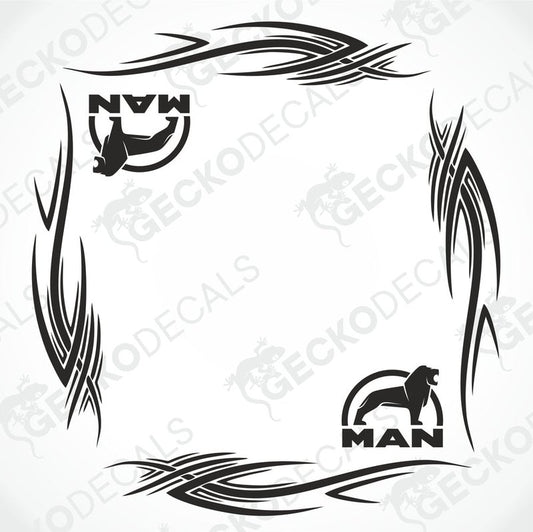A set of two black side window decals for a truck, with a geometric and tribal pattern design, including the letters 'MAN'.