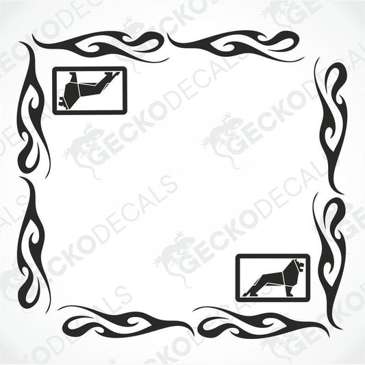 A set of two black side window decals for a truck, with a geometric and tribal pattern design, including the letters 'MAN'.