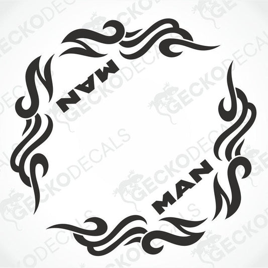 MAN tribal side window decal set with flame swirls on transfer paper
