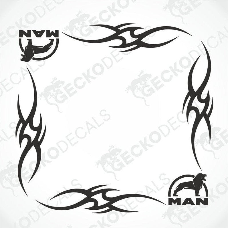 A set of black tribal patterned decals for vehicle side windows, featuring the word 'MAN' and tribal designs.