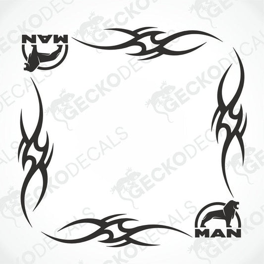 A set of black tribal patterned decals for vehicle side windows, featuring the word 'MAN' and tribal designs.