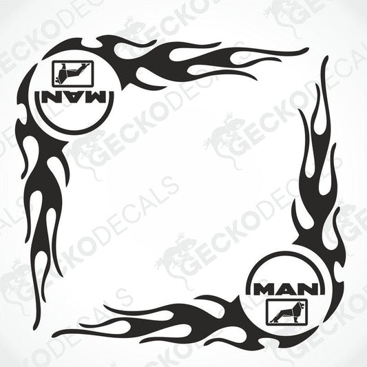 A set of two black and white tribal-style side window decals for trucks, with the MAN brand logo.