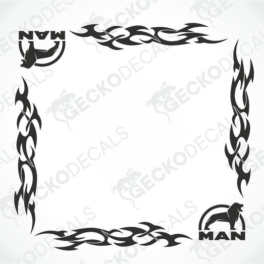 A set of two black side window decals for a truck, with a geometric and tribal pattern design, including the letters 'MAN'.