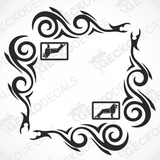 A set of two black side window decals for a truck, with a geometric and tribal pattern design, including the letters 'MAN'.