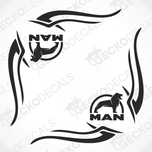 A set of two black tribal design decals for vehicle side windows, featuring the word 'MAN' and animal silhouettes.