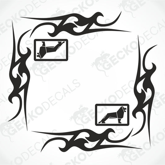A set of two black side window decals for a truck, with a geometric and tribal pattern design, including the letters 'MAN'.