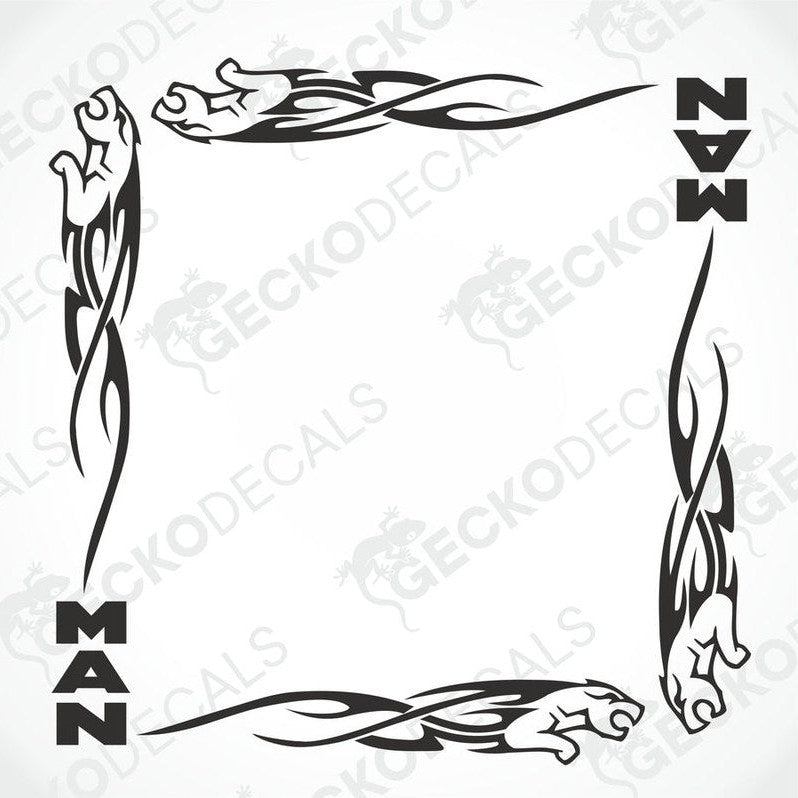 MAN tribal side window decals with panther and flame design for truck interior or exterior