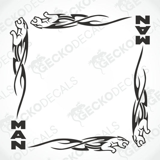 MAN tribal side window decals with panther and flame design for truck interior or exterior