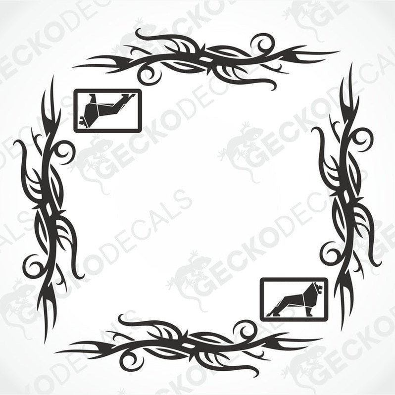 A set of two black side window decals for a truck, with a geometric and tribal pattern design, including the letters 'MAN'.