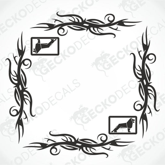 A set of two black side window decals for a truck, with a geometric and tribal pattern design, including the letters 'MAN'.