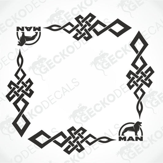 A set of tribal-style side window decals for a truck, featuring geometric patterns and the MAN brand logo.