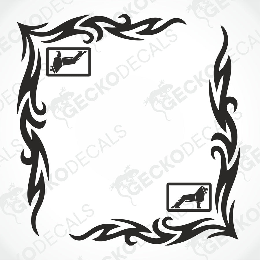A set of two black side window decals for a truck, with a geometric and tribal pattern design, including the letters 'MAN'.