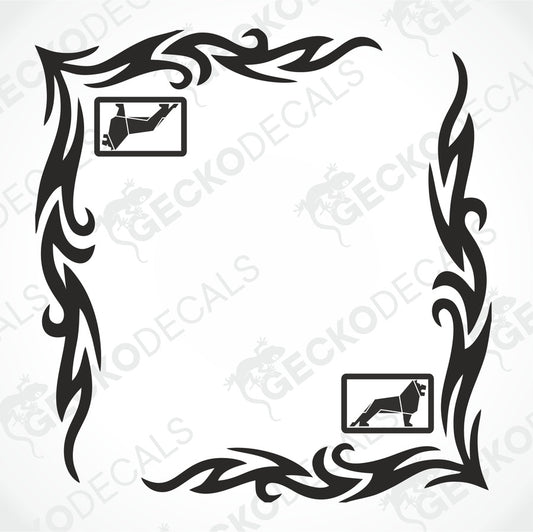 A set of two black side window decals for a truck, with a geometric and tribal pattern design, including the letters 'MAN'.