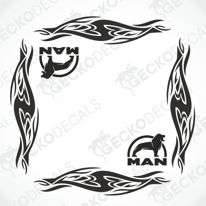 A set of two black and white tribal style side window decals with the letters 'MAN' and a horse graphic.