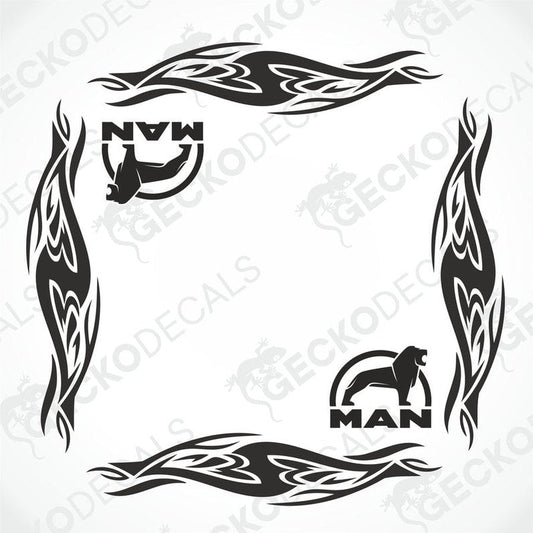 A set of two black and white tribal style side window decals with the letters 'MAN' and a horse graphic.