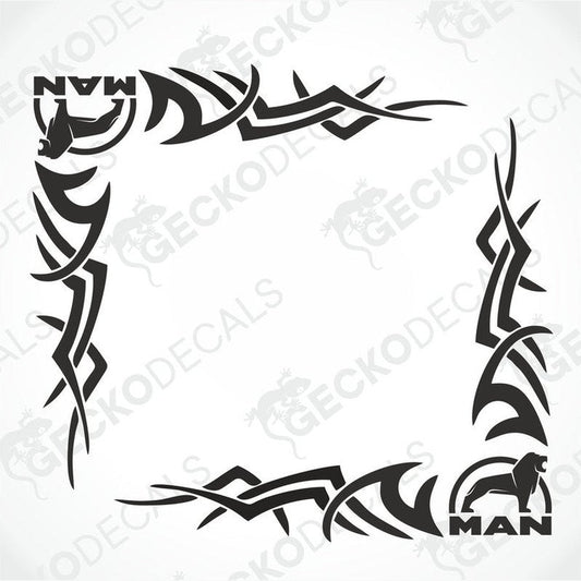 MAN tribal side window decal set with lion and bird logos for truck exterior