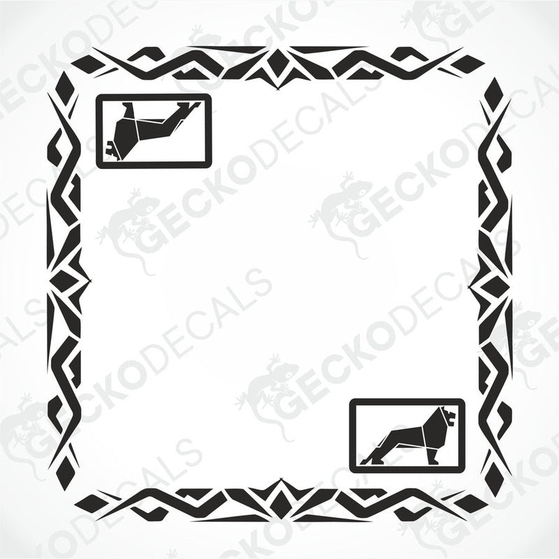 A set of two black and white tribal pattern side window decals for trucks, with one depicting a silhouette of a man and the other a lion.