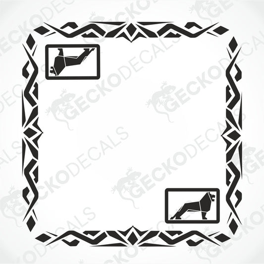 A set of two black and white tribal pattern side window decals for trucks, with one depicting a silhouette of a man and the other a lion.