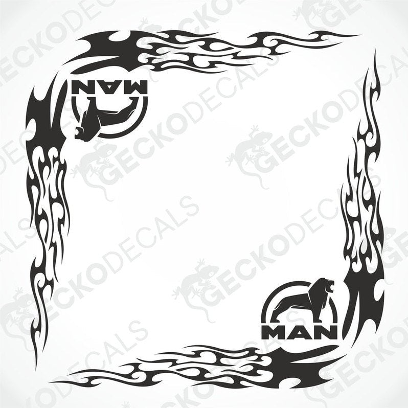 Black MAN tribal flame side window decal set with lion logos for truck interior or exterior