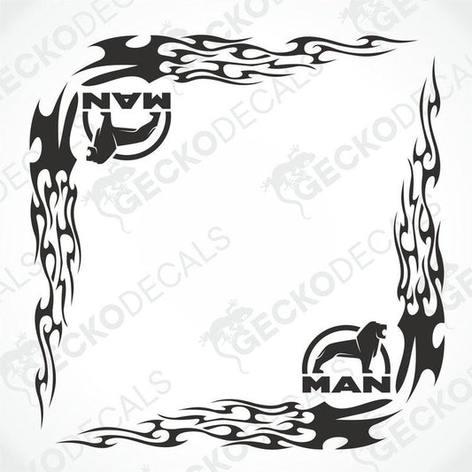 Black MAN tribal flame side window decal set with lion logos for truck interior or exterior