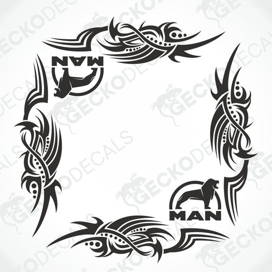 A set of tribal style side window decals for a truck, featuring geometric patterns and the MAN logo.