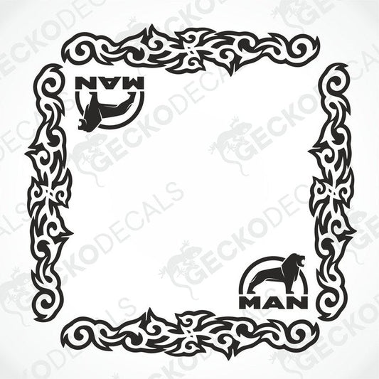 A set of two black side window decals for a truck, with a geometric and tribal pattern design, including the letters 'MAN'.