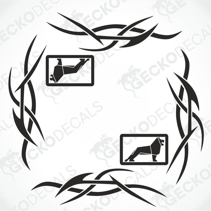 A set of two black side window decals for a truck, with a geometric and tribal pattern design, including the letters 'MAN'.
